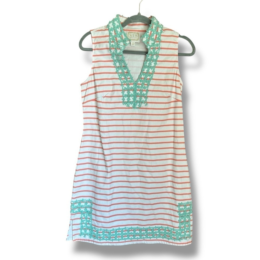 Sail to Sable Embellished Striped Sleeveless Tunic Dress Aqua Pink M